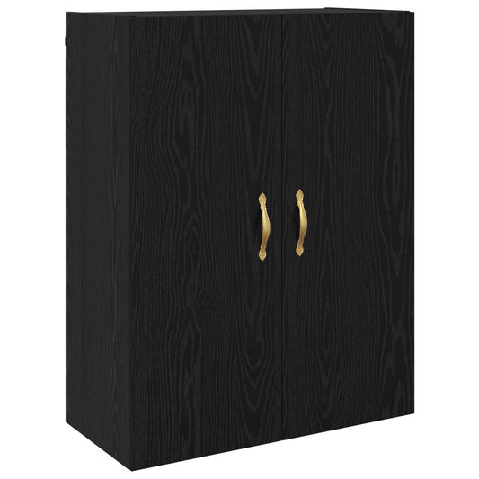 Black oak wall cabinet with two doors and gold handles, front view