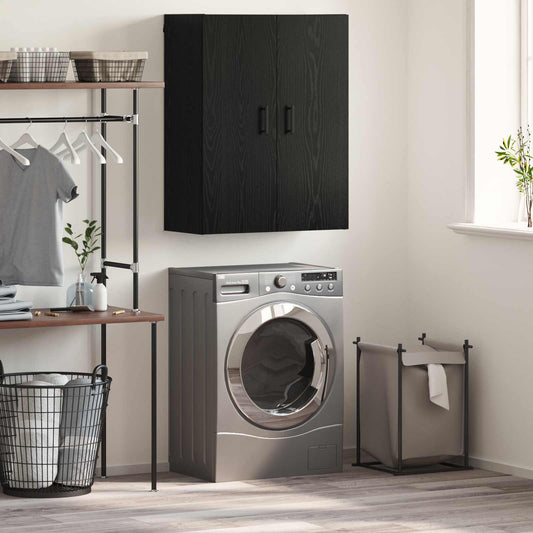 vidaXL Wall Cabinet Black Oak Engineered Wood mounted above a washing machine in a utility room