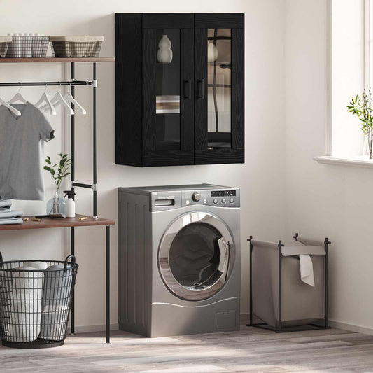 vidaXL Sideboard Black Oak Engineered Wood mounted on a wall above a washing machine in a laundry room