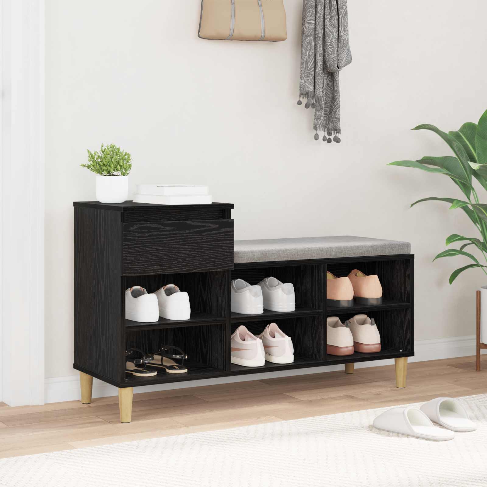 vidaXL Shoe Cabinet 102 x 36 x 60 cm Engineered Wood Black Oak 4