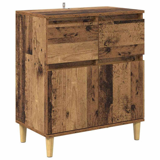 the rustic wooden sideboard with two drawers and two doors on light legs