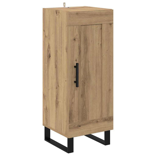 The tall narrow sideboard with one door and black metal legs shown from the front