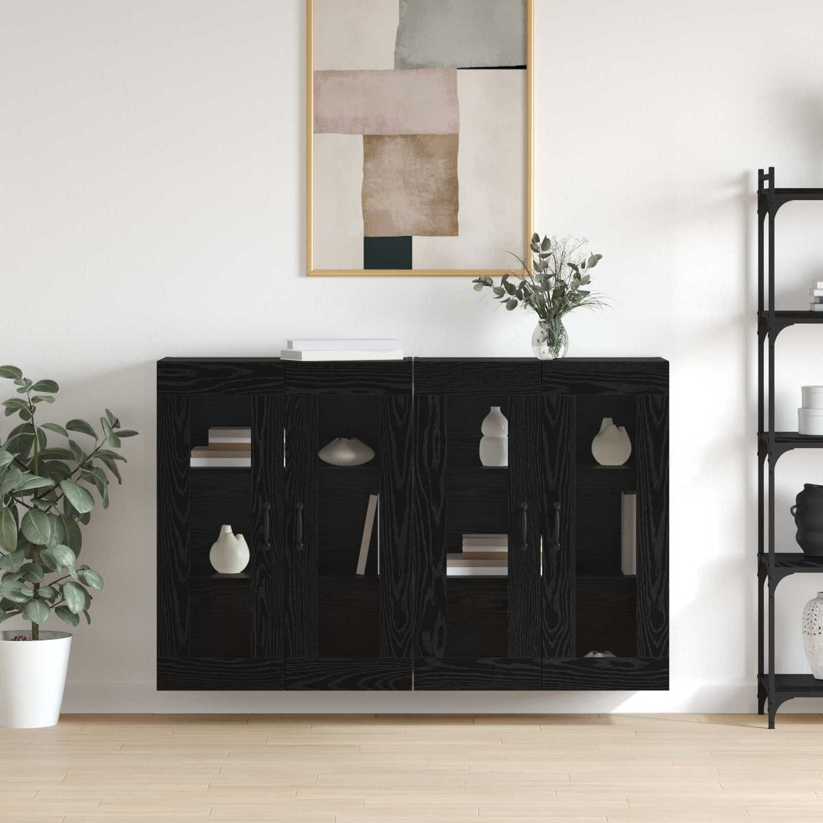 Wall Mounted Cabinets 2 pcs Engineered Wood Metal Black Black oak