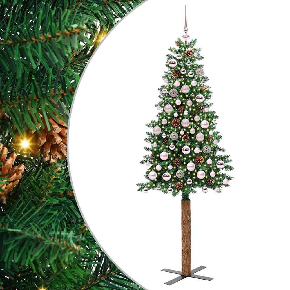 Slim Christmas Tree PVC and Solid Pine wood Green 180 cm with 120 pink balls