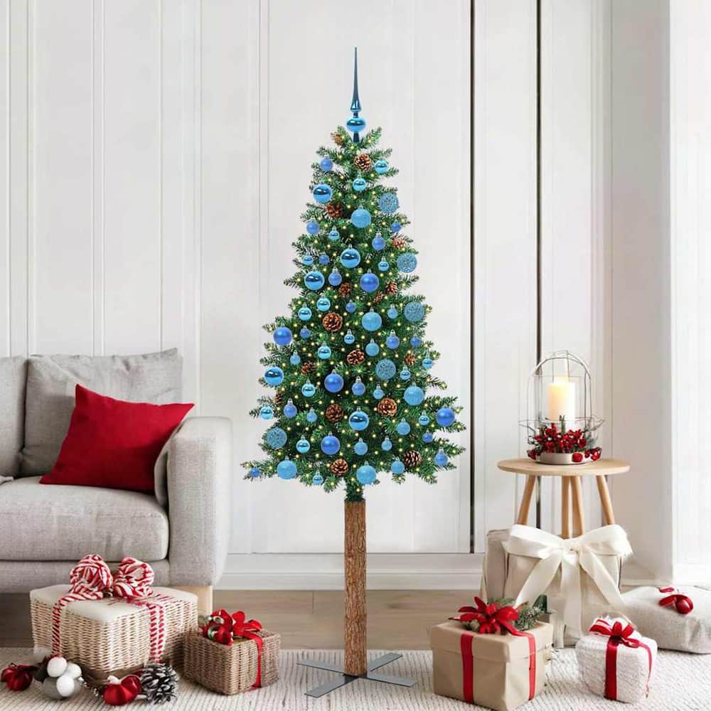 Slim Christmas Tree PVC and Solid Pine wood Green 180 cm with 120 blue balls