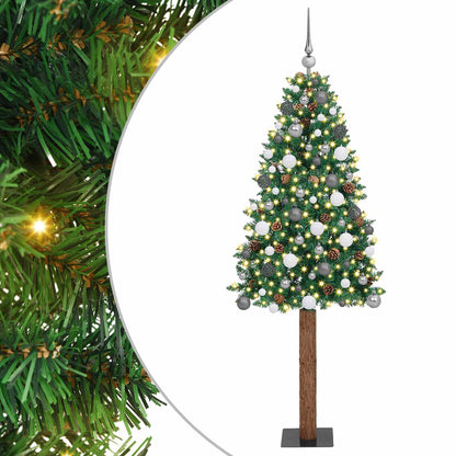 Slim Christmas Tree PVC and Solid Pine wood Green 210 cm with 120 white/grey balls