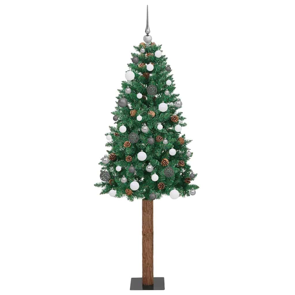 Slim Christmas Tree PVC and Solid Pine wood Green 210 cm with 120 white/grey balls
