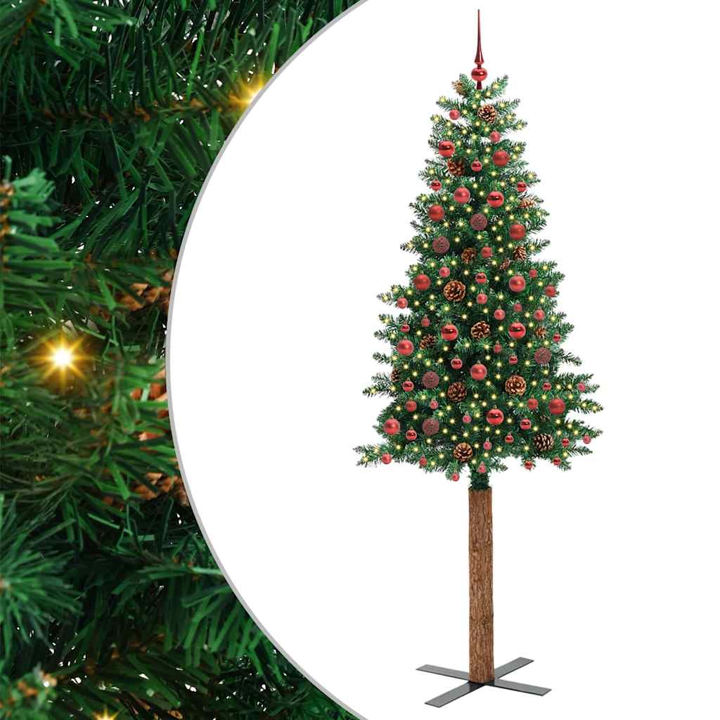 Slim Christmas Tree PVC and Solid Pine wood Green 210 cm with 120 red balls