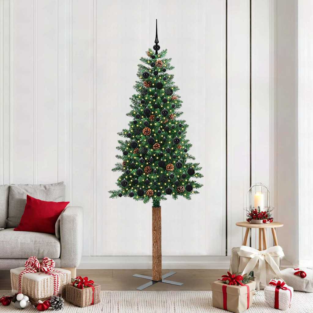 Slim Christmas Tree PVC and Solid Pine wood Green 210 cm with 120 black balls