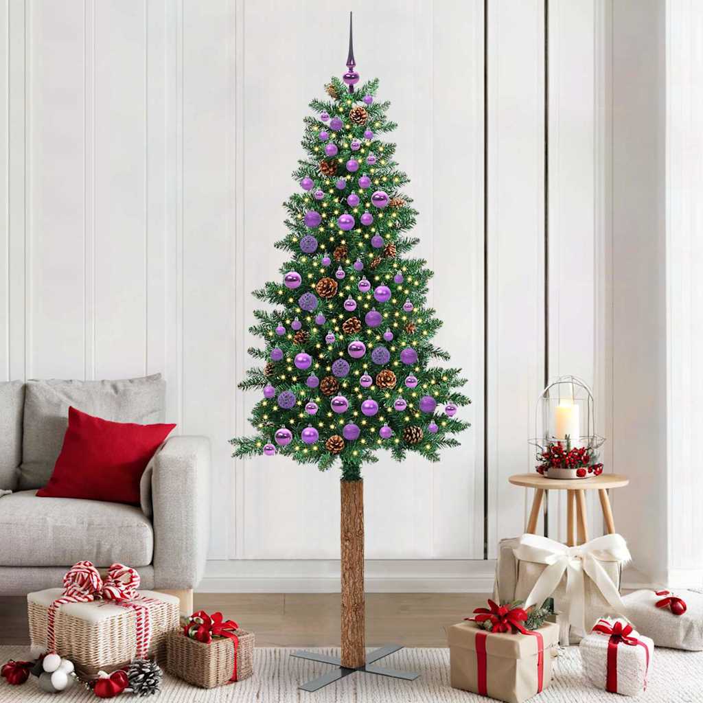 Slim Christmas Tree PVC and Solid Pine wood Green 210 cm with 120 lilac balls