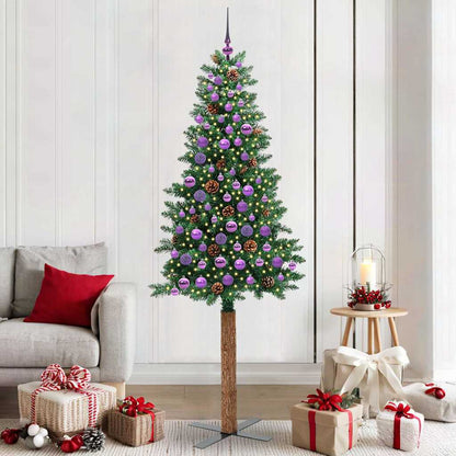 Slim Christmas Tree PVC and Solid Pine wood Green 210 cm with 120 lilac balls