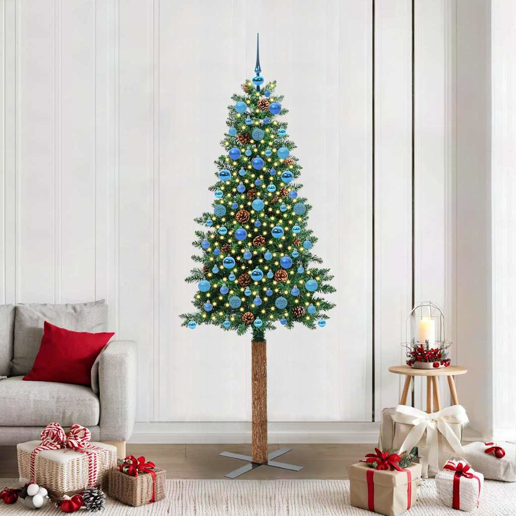 Slim Christmas Tree PVC and Solid Pine wood Green 210 cm with 120 blue balls