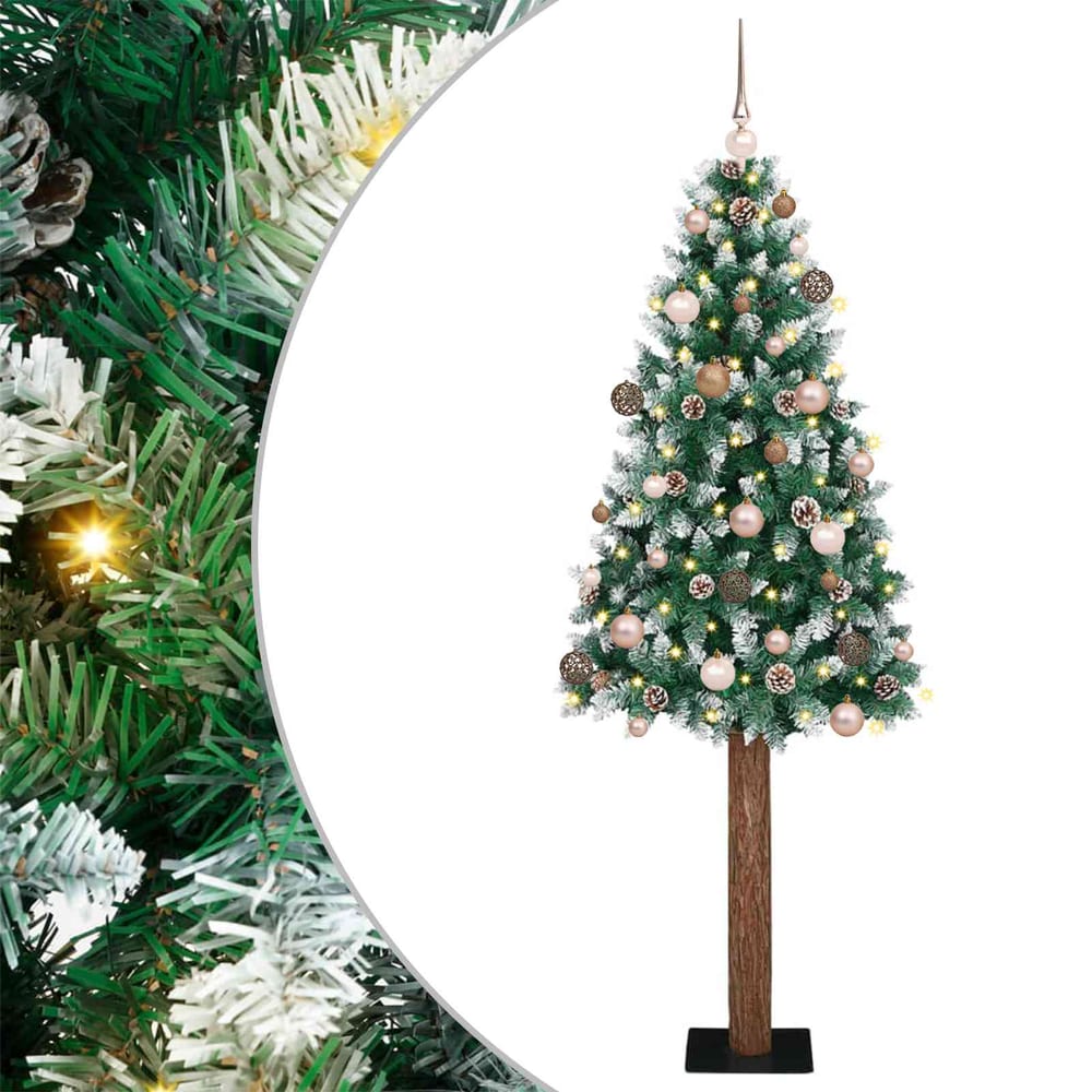 Slim Christmas Tree Green PVC and Solid Pine wood Green and White 180 cm with 120 rose gold balls