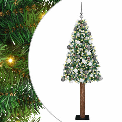 Slim Christmas Tree Green PVC and Solid Pine wood Green and White 180 cm with 120 white/grey balls