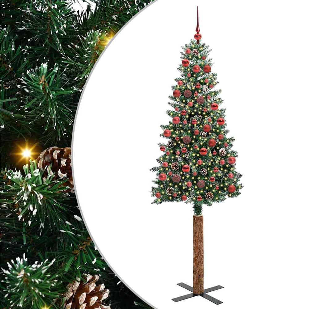 Slim Christmas Tree Green PVC and Solid Pine wood Green and White 180 cm with 120 red balls