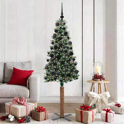 Slim Christmas Tree Green PVC and Solid Pine wood Green and White 180 cm with 120 black balls
