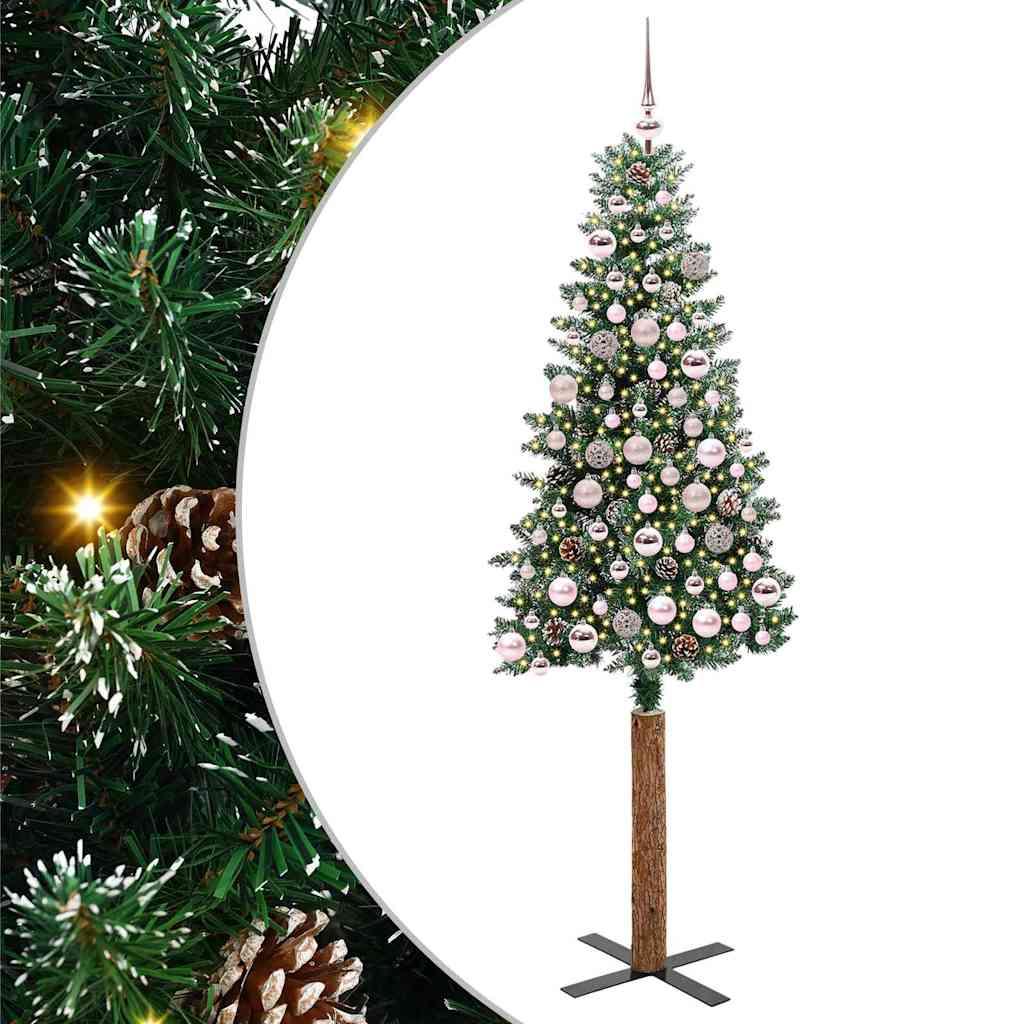Slim Christmas Tree Green PVC and Solid Pine wood Green and White 180 cm with 120 pink balls