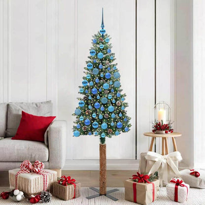 Slim Christmas Tree Green PVC and Solid Pine wood Green and White 180 cm with 120 blue balls