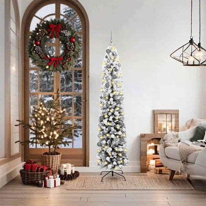 Artificial Christmas Tree Green Green and White 180 cm with 300 LEDs & 120 white/grey balls