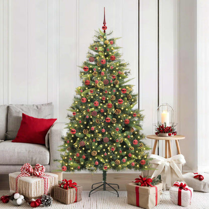 Artificial Hinged Christmas Tree with Cones Green 180 cm with LEDs&red balls
