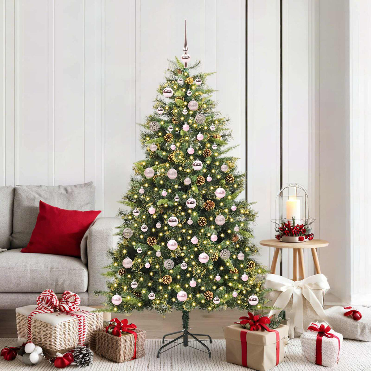 Artificial Hinged Christmas Tree with Cones Green 180 cm with LEDs&pink balls