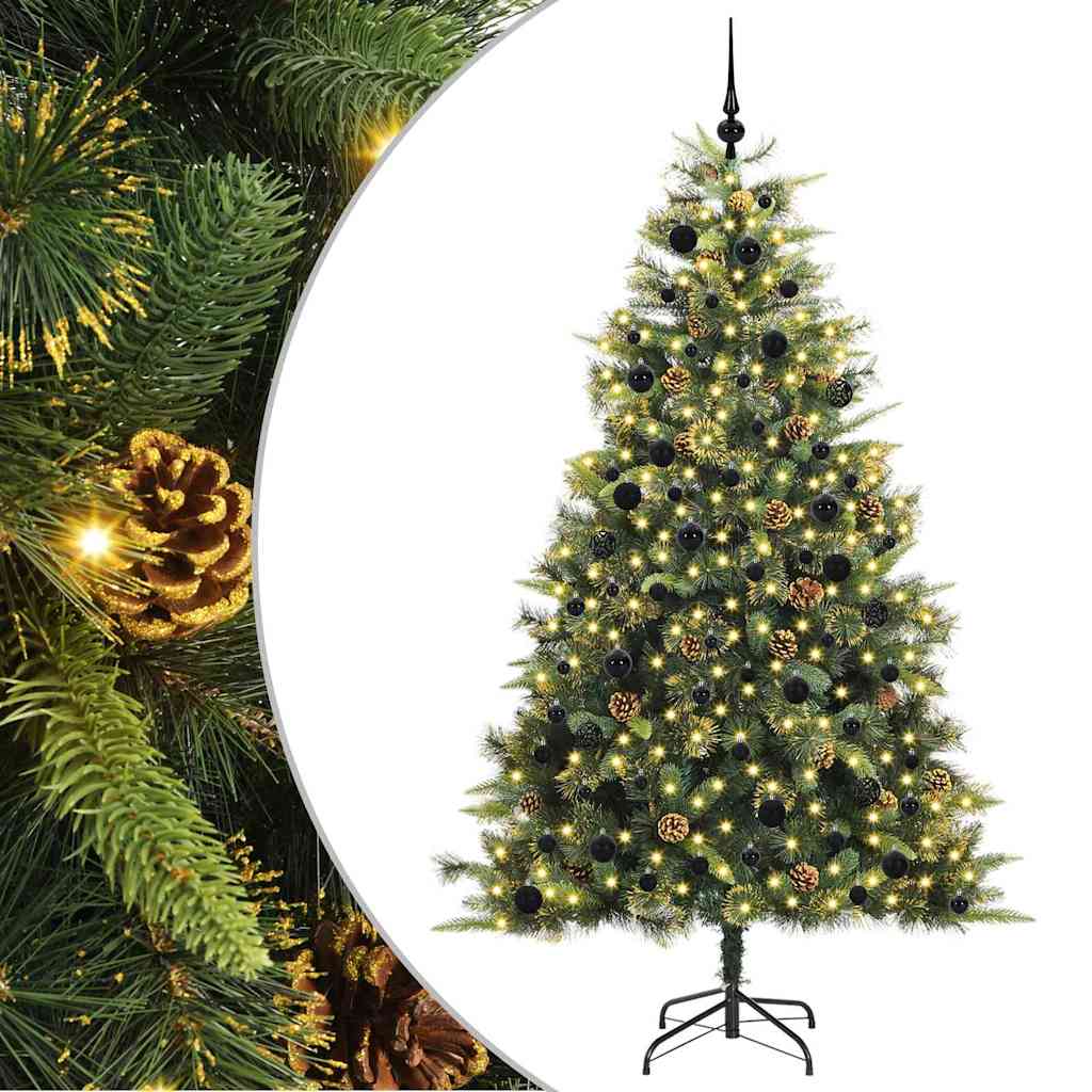 Artificial Hinged Christmas Tree with Cones Green 240 cm with LEDs&black balls