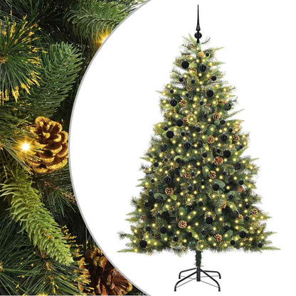 Artificial Hinged Christmas Tree with Cones Green 240 cm with LEDs&black balls