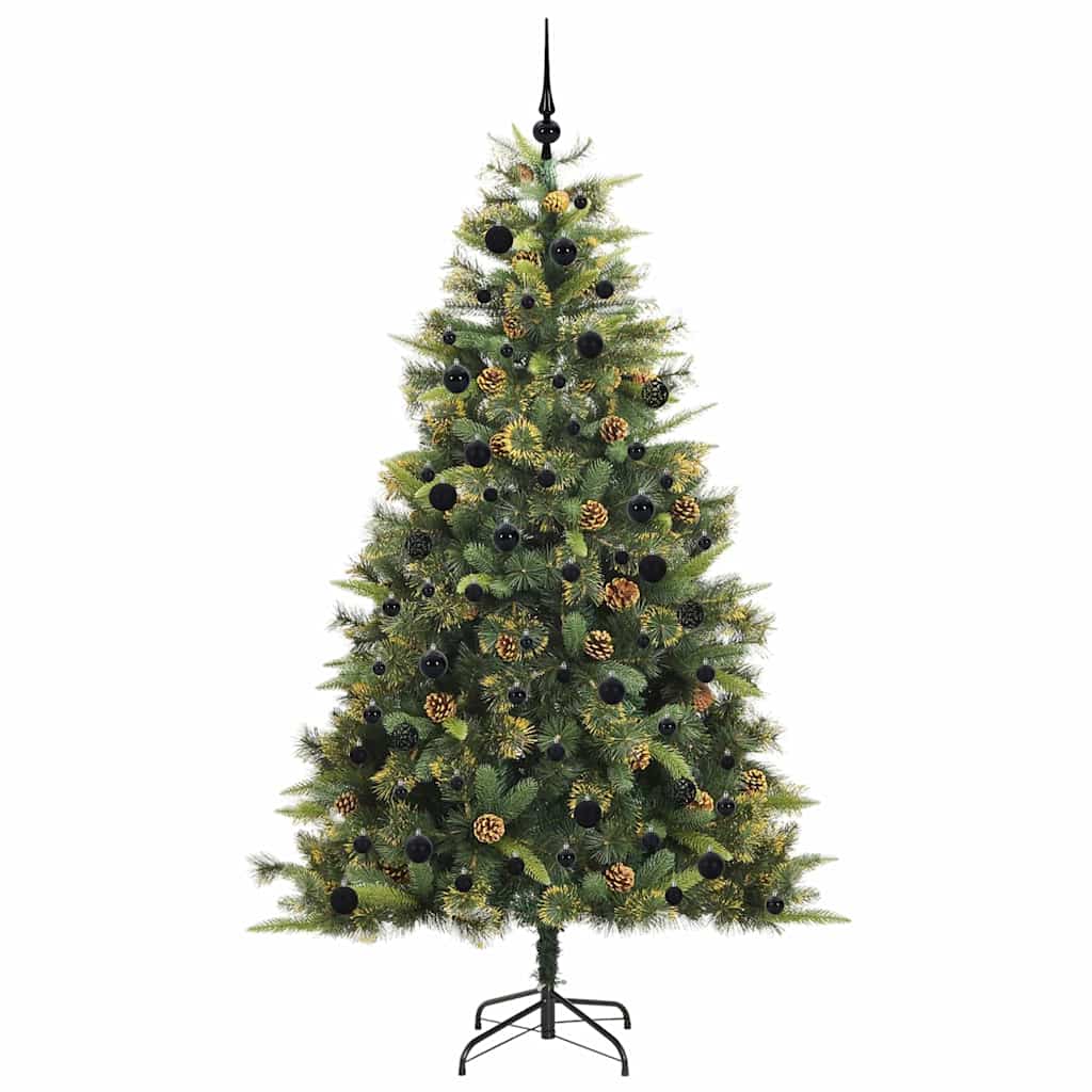 Artificial Hinged Christmas Tree with Cones Green 240 cm with LEDs&black balls