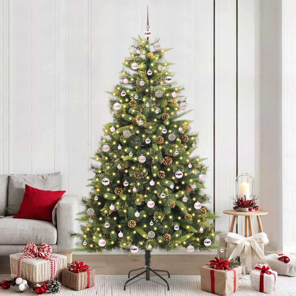 Artificial Hinged Christmas Tree with Cones Green 240 cm with LEDs&pink balls