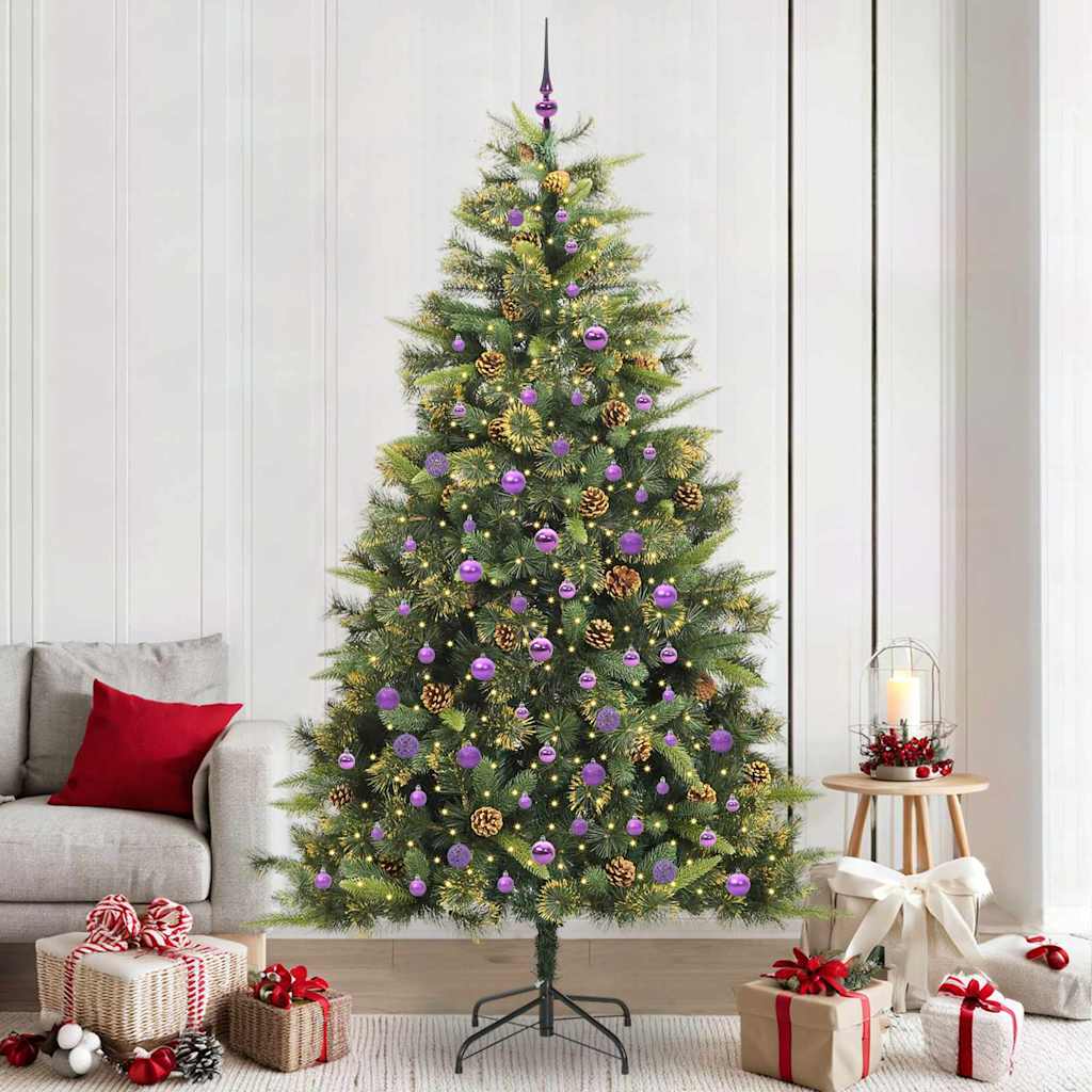Artificial Hinged Christmas Tree with Cones Green 240 cm with LEDs&lilac balls