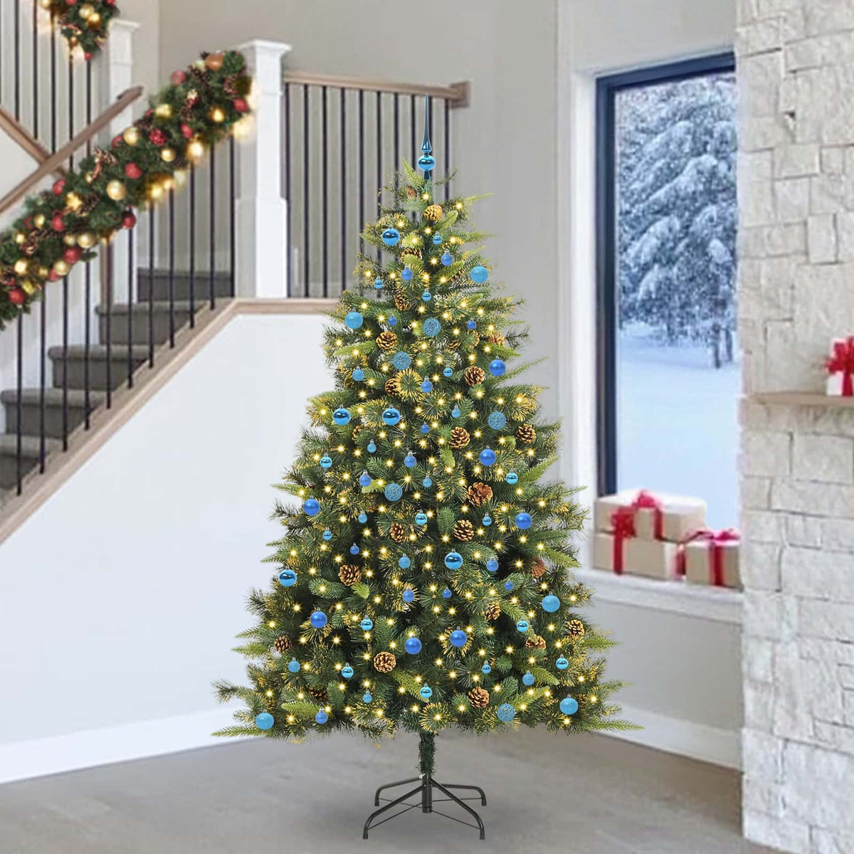 Artificial Hinged Christmas Tree with Cones Green 240 cm with LEDs&blue balls