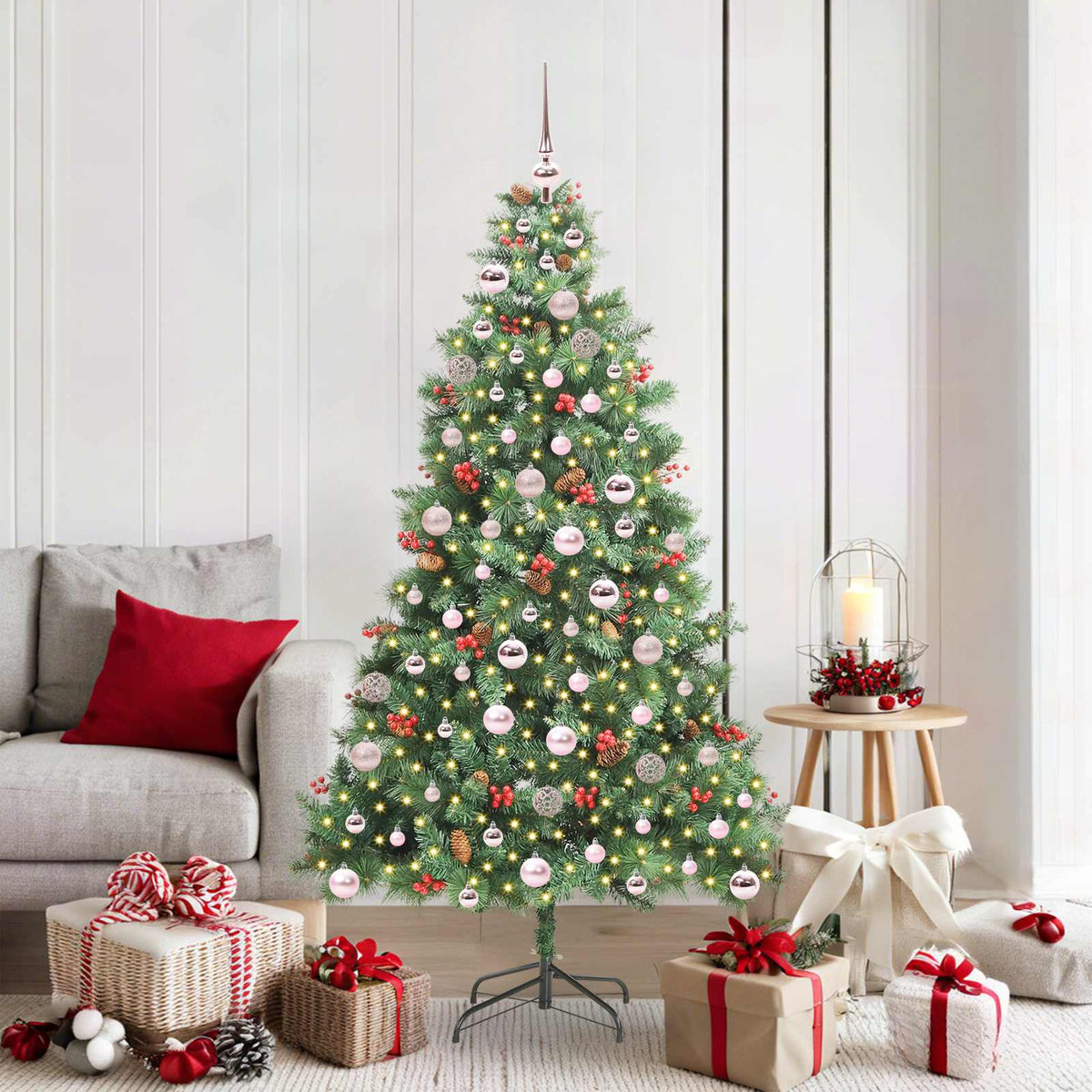 Artificial Christmas Tree 300 LEDs Warm White PVC and Metal 180 cm with LEDs&pink balls