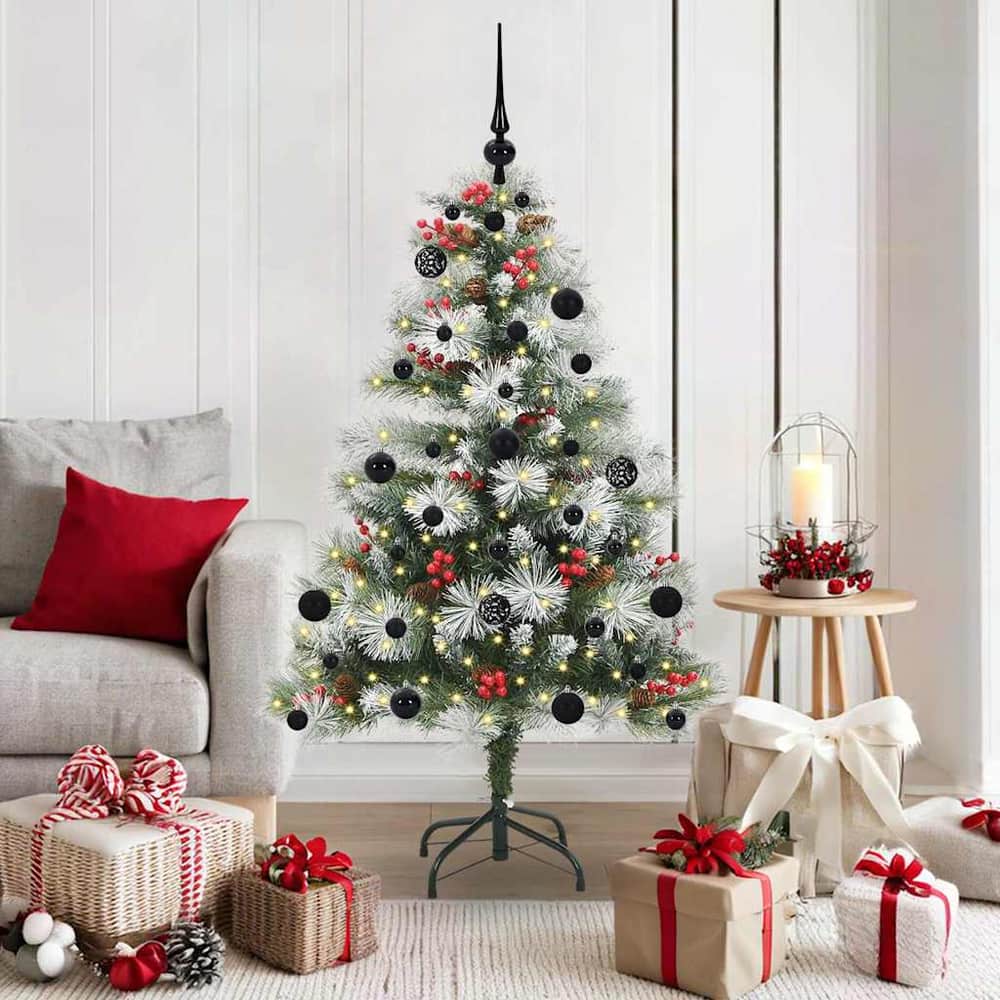 Artificial Christmas Tree Green and white 150 cm with LEDs&black balls
