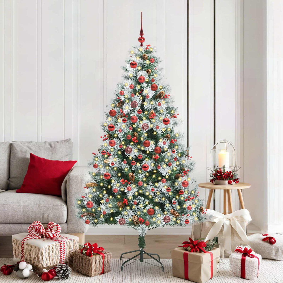 Artificial Christmas Tree Green and white 180 cm with LEDs&red balls