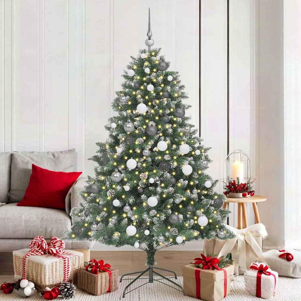 Artificial Christmas Tree Green 180 cm with LEDs&white/grey balls