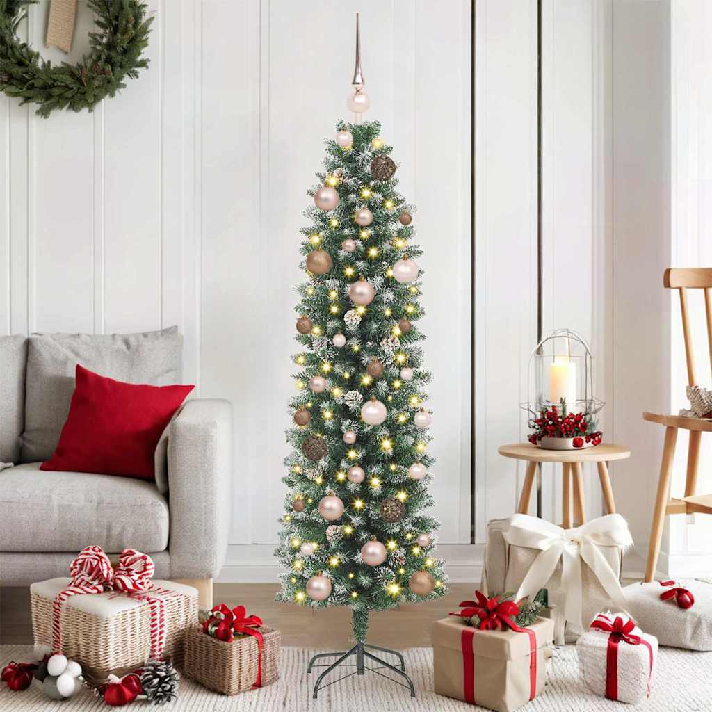 vidaXL Artificial Slim Christmas Tree Green and White 150 cm 1