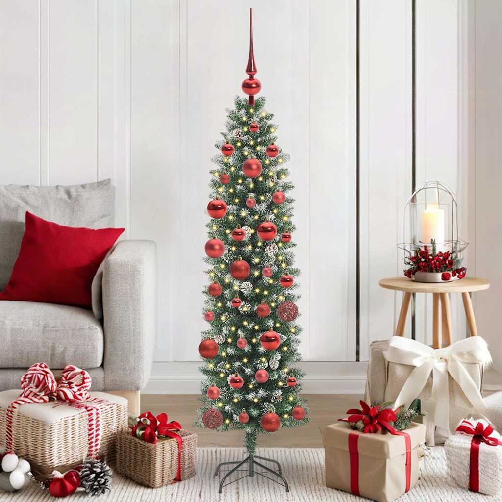 vidaXL Artificial Slim Christmas Tree Green and White 150 cm 1