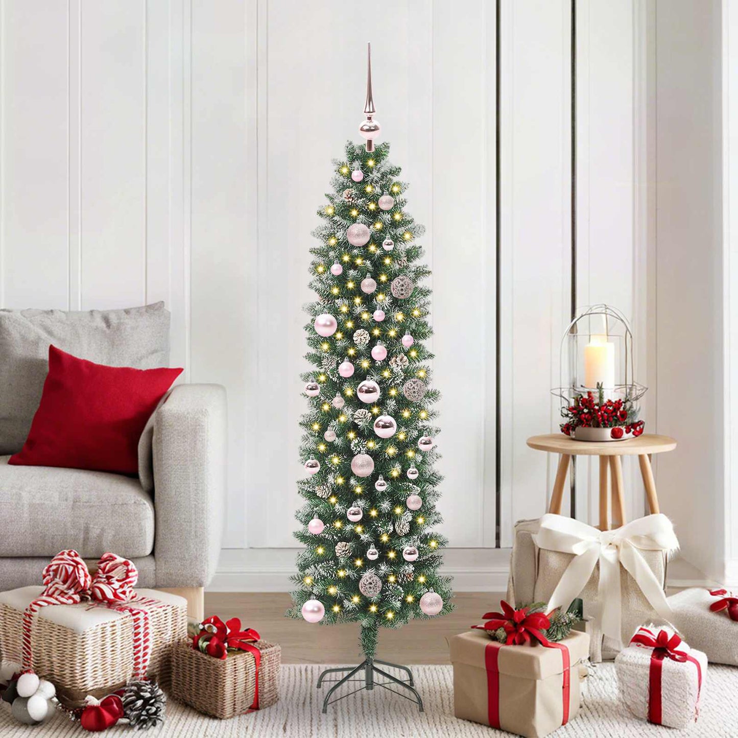 vidaXL Artificial Slim Christmas Tree Green and White 150 cm 1