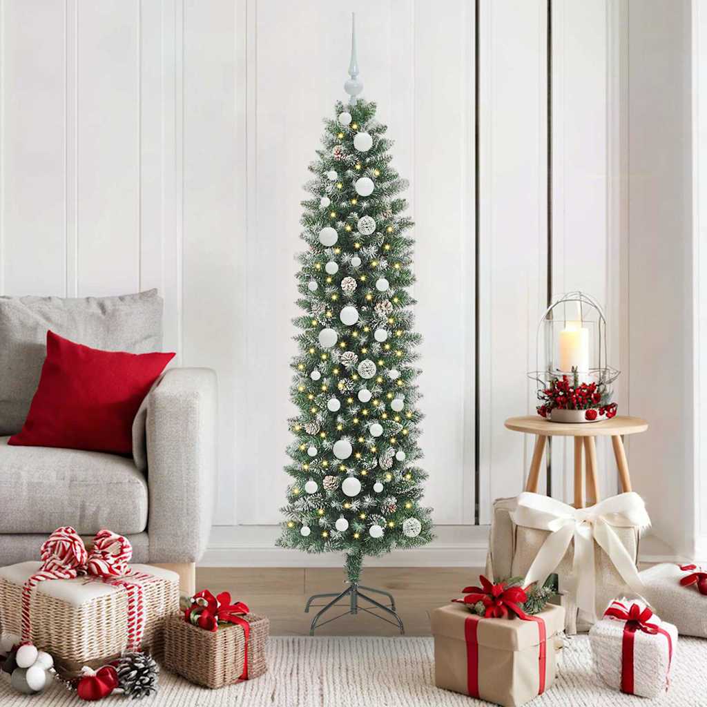 vidaXL Artificial Slim Christmas Tree Green and White 150 cm 1
