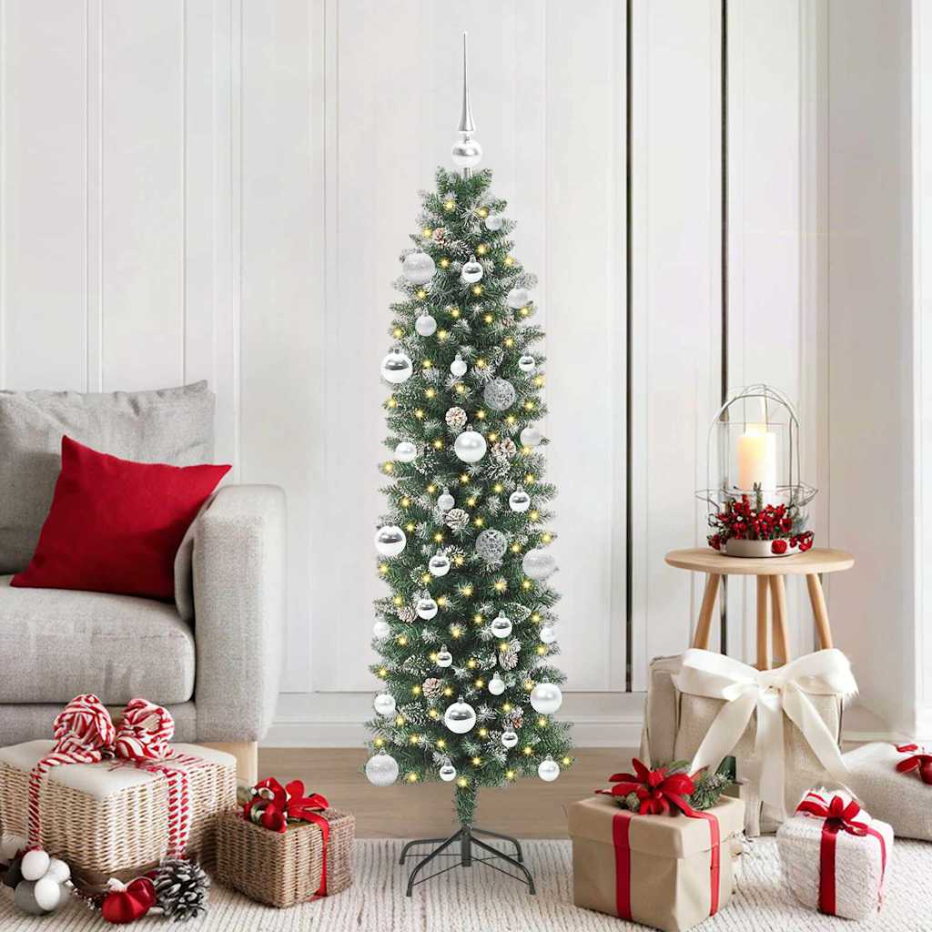 vidaXL Artificial Slim Christmas Tree Green and White 150 cm 1