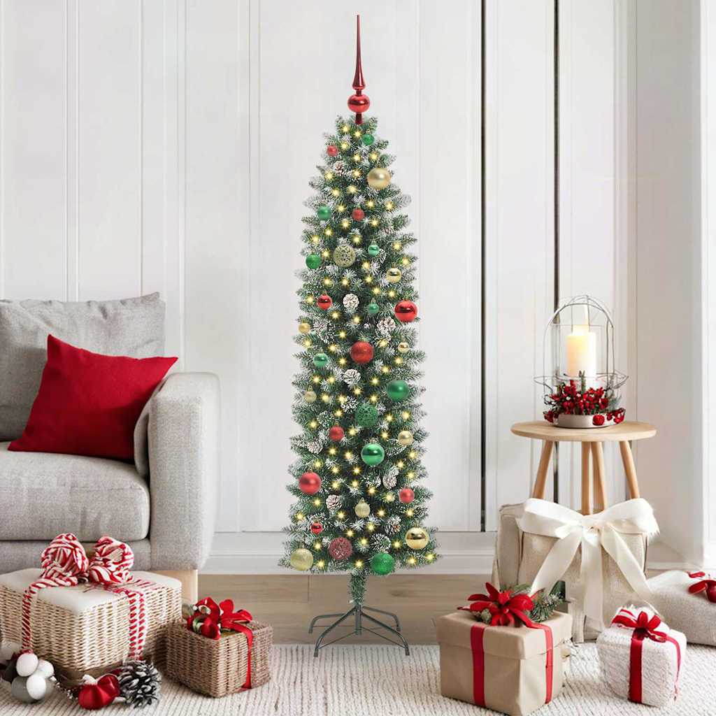 vidaXL Artificial Slim Christmas Tree Green and White 150 cm 1
