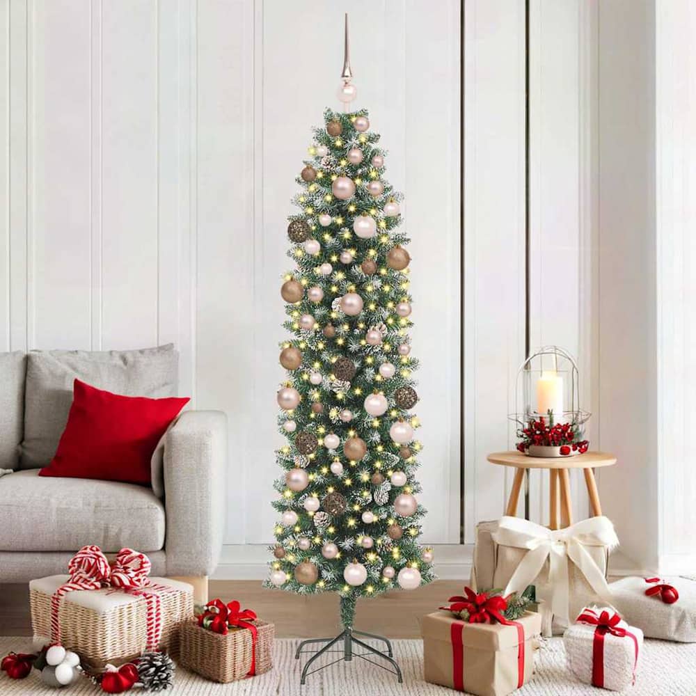 Artificial Slim Christmas Tree Green and White 180 cm with LEDs&rose gold balls
