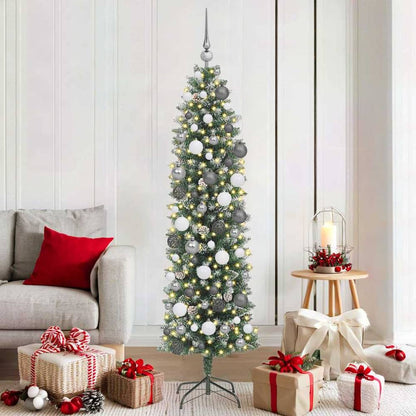Artificial Slim Christmas Tree Green and White 180 cm with LEDs&white/grey balls