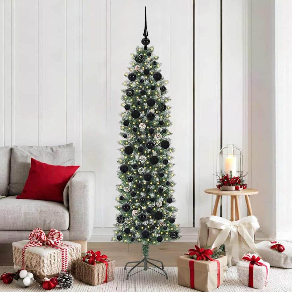 Artificial Slim Christmas Tree Green and White 180 cm with LEDs&black balls