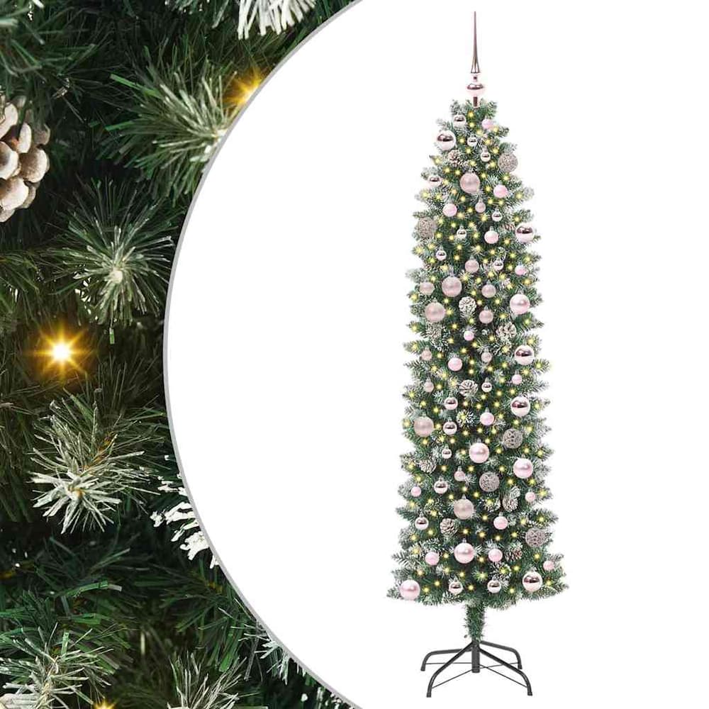 Artificial Slim Christmas Tree Green and White 180 cm with LEDs&pink balls