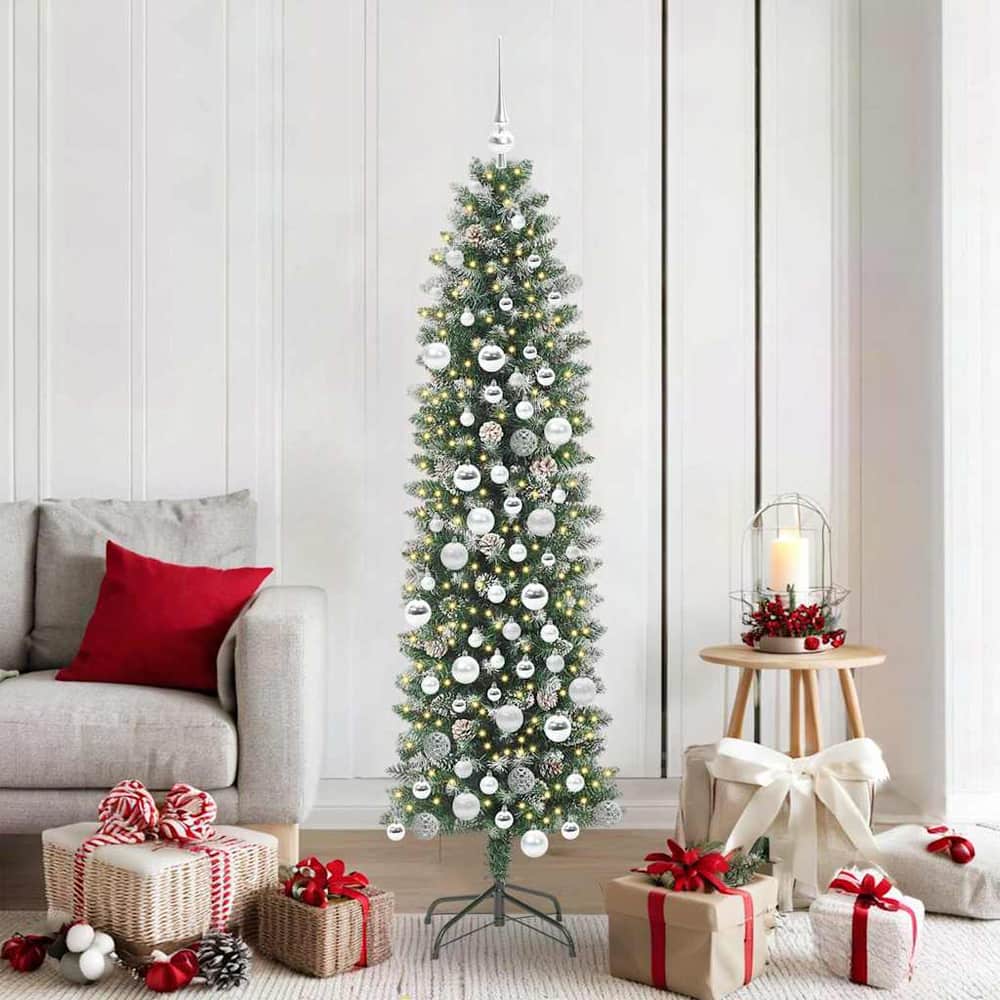Artificial Slim Christmas Tree Green and White 180 cm with LEDs&silver balls