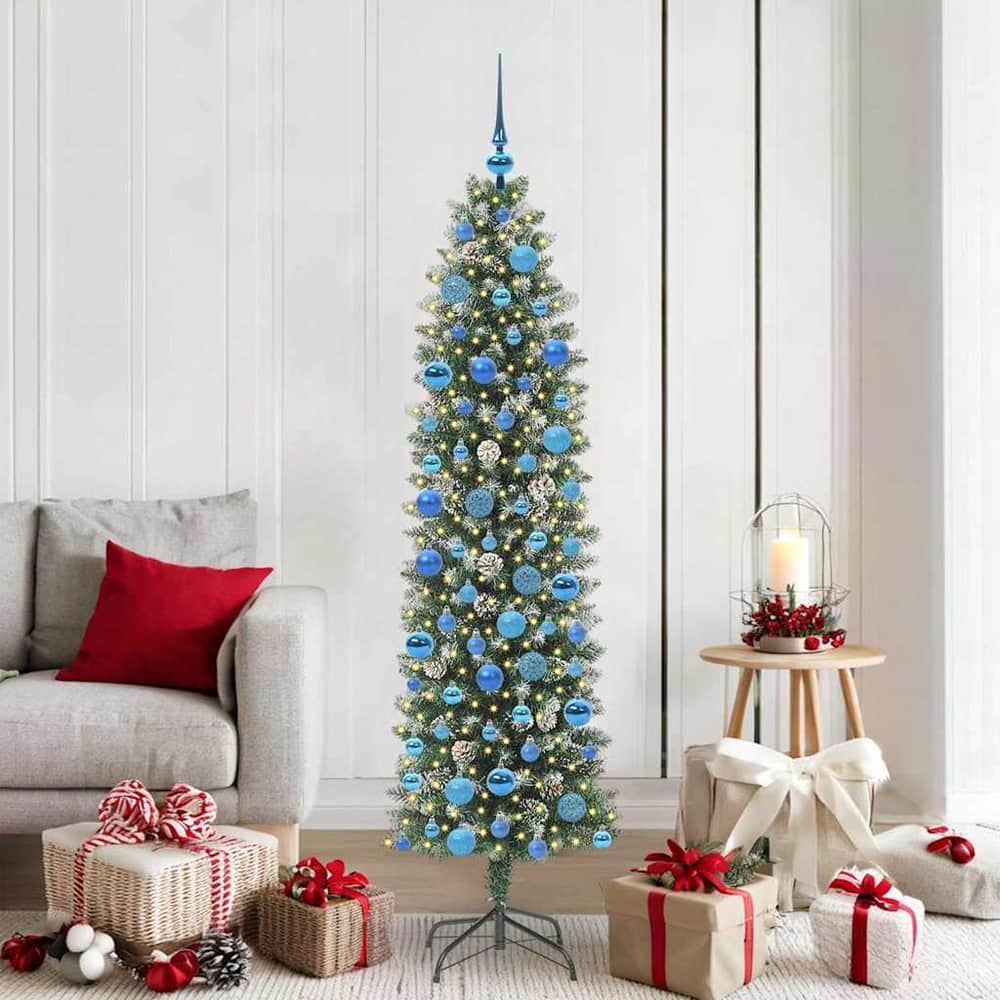 Artificial Slim Christmas Tree Green and White 180 cm with LEDs&blue balls