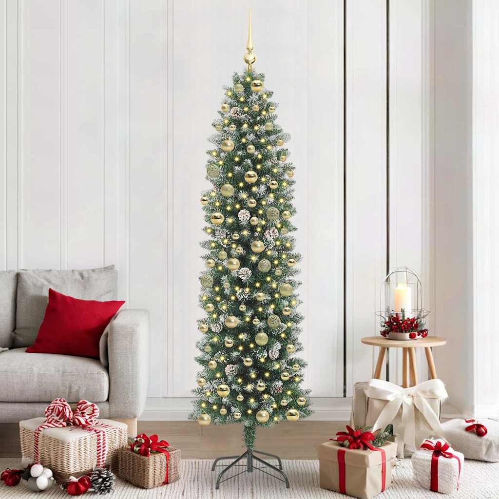 vidaXL Artificial Slim Christmas Tree Green and White 210 cm 1