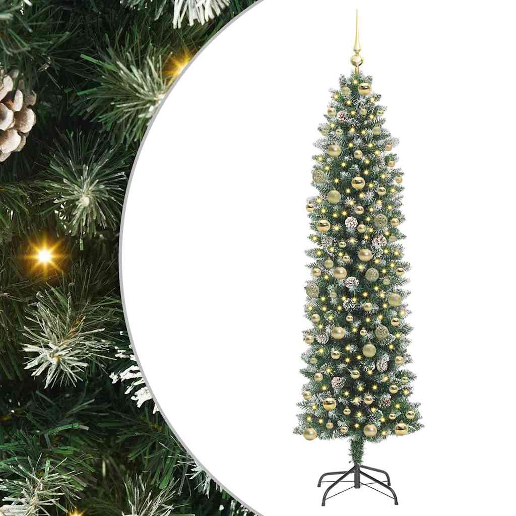 vidaXL Artificial Slim Christmas Tree Green and White 210 cm 2