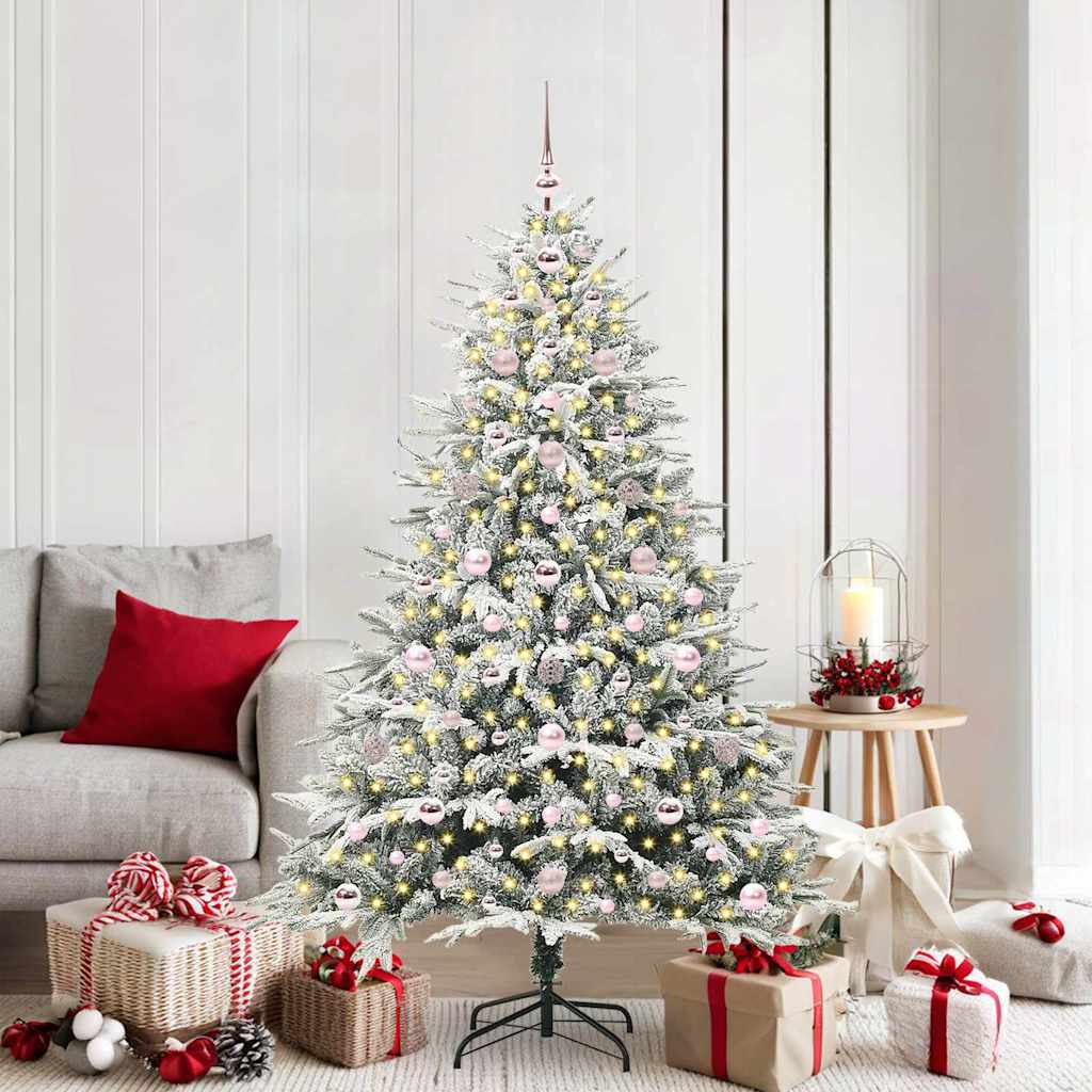 Artificial Pre-lit Christmas Tree with Ball Set Green 180 cm Green and White with 300 LEDs &120 pink balls